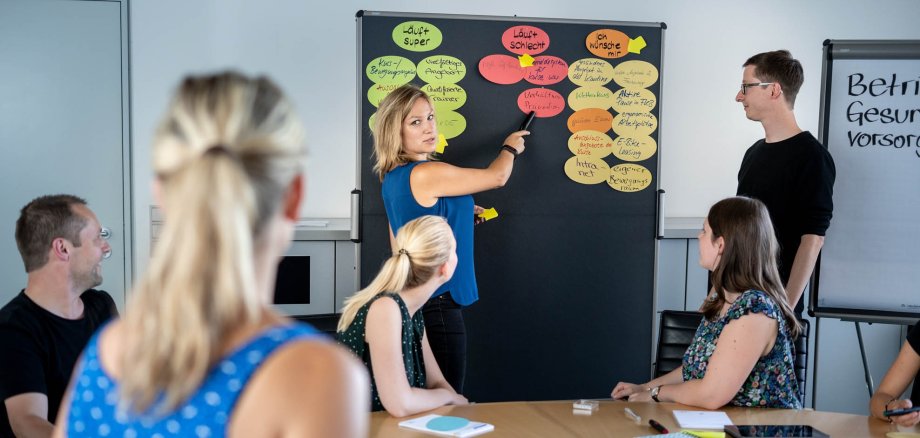 Five people listen to a young woman explaining something on a pin board with slips of paper